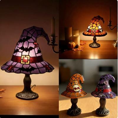 New Halloween Witch Hat Resin Table Lamp, Stained Glass Effect LED Night Light, Mystical Desktop Decor Ornament