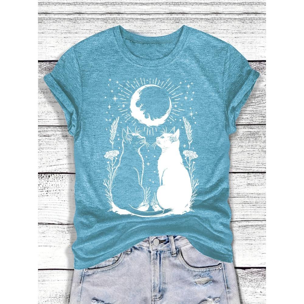 Mystical Moon Cats Women s Tee - Witchy Celestial Graphic, Casual Turquoise Top M