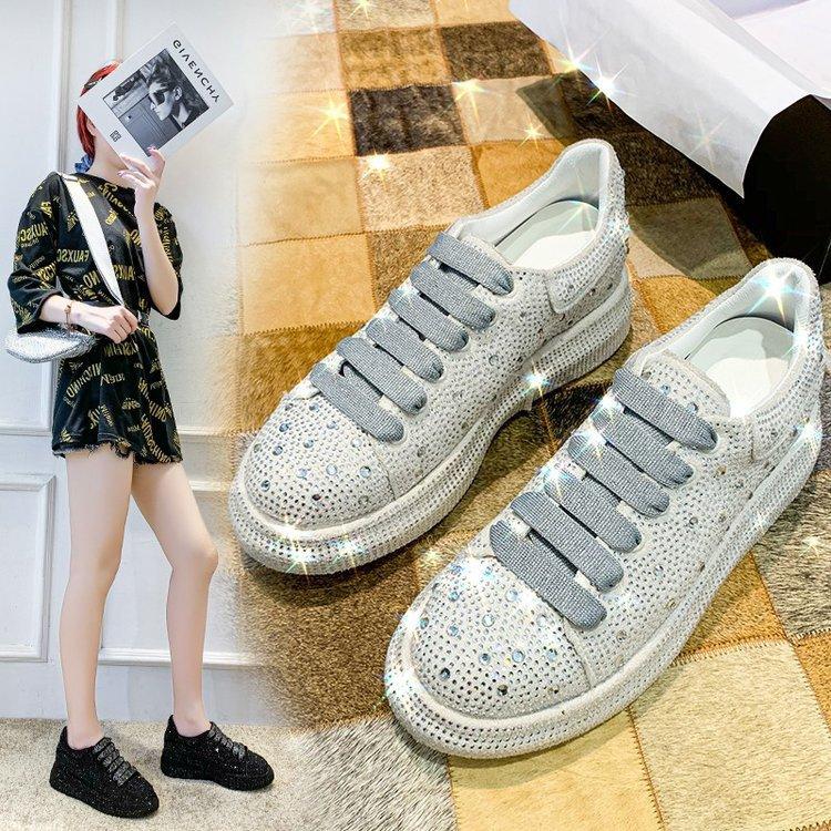 Muffin Thick-soled White Shoes Women's Rhinestone Lace-up Women's Shoes Casual Flat-soled Single Shoes