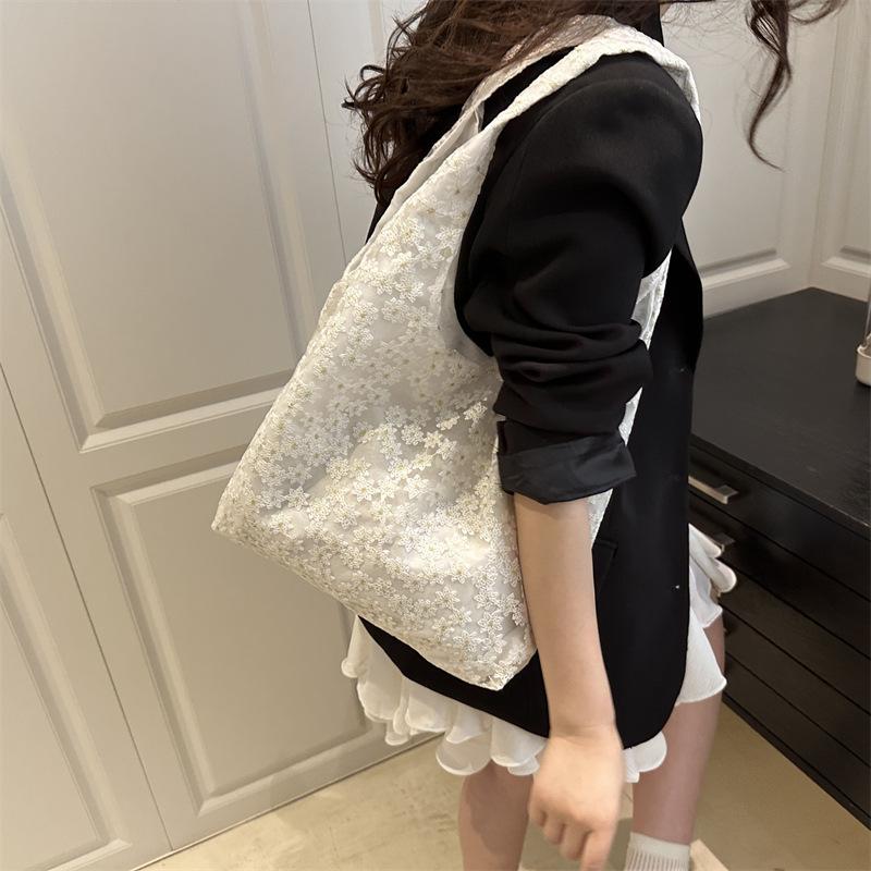 Canvas Bag Korean Ins Simple Mesh Small Daisy Lace Shoulder Bag High-end Handbag Versatile Underarm Bag
