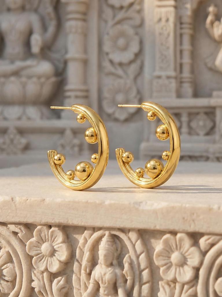 C-Shaped Gold Bead Earrings: European and American Design, Stainless Steel, Thick Gold Plating.