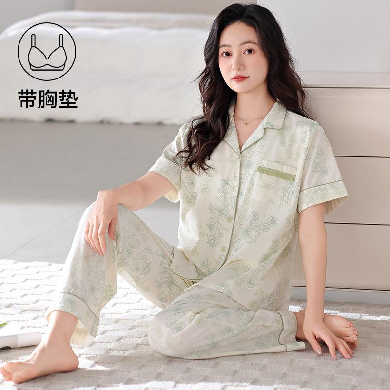 Pajamas with chest pads women's summer thin cotton short-sleeved trousers large size casual relaxation cardigan loungewear set