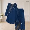 Women Plus Size Dark Blue Starry Printed Round Neck Long Sleeve High Low Top Wide Leg Pants Two Piece Set