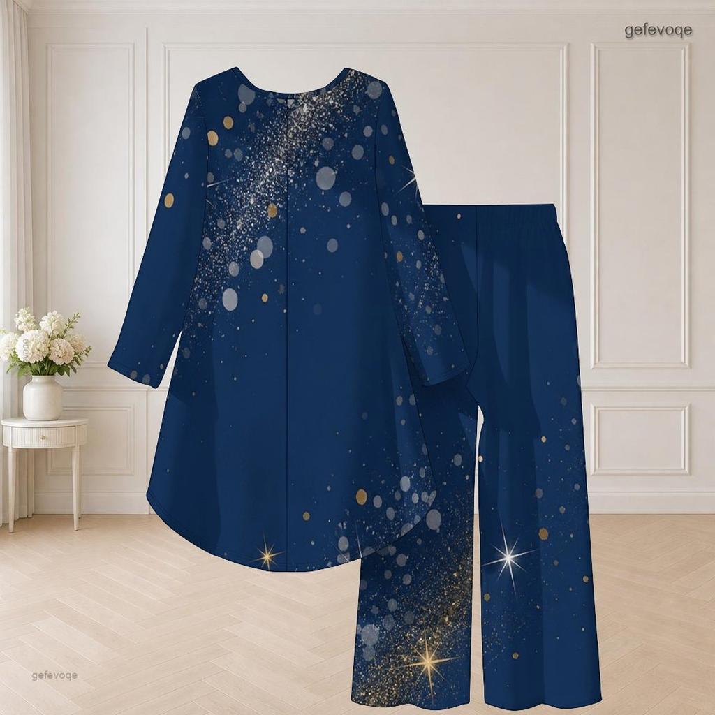 Women Plus Size Dark Blue Starry Printed Round Neck Long Sleeve High Low Top Wide Leg Pants Two Piece Set