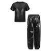 Unisex Kids Dance Costume Short Sleeve Round Neck Metallic Shiny T Shirt Performance Pants Set