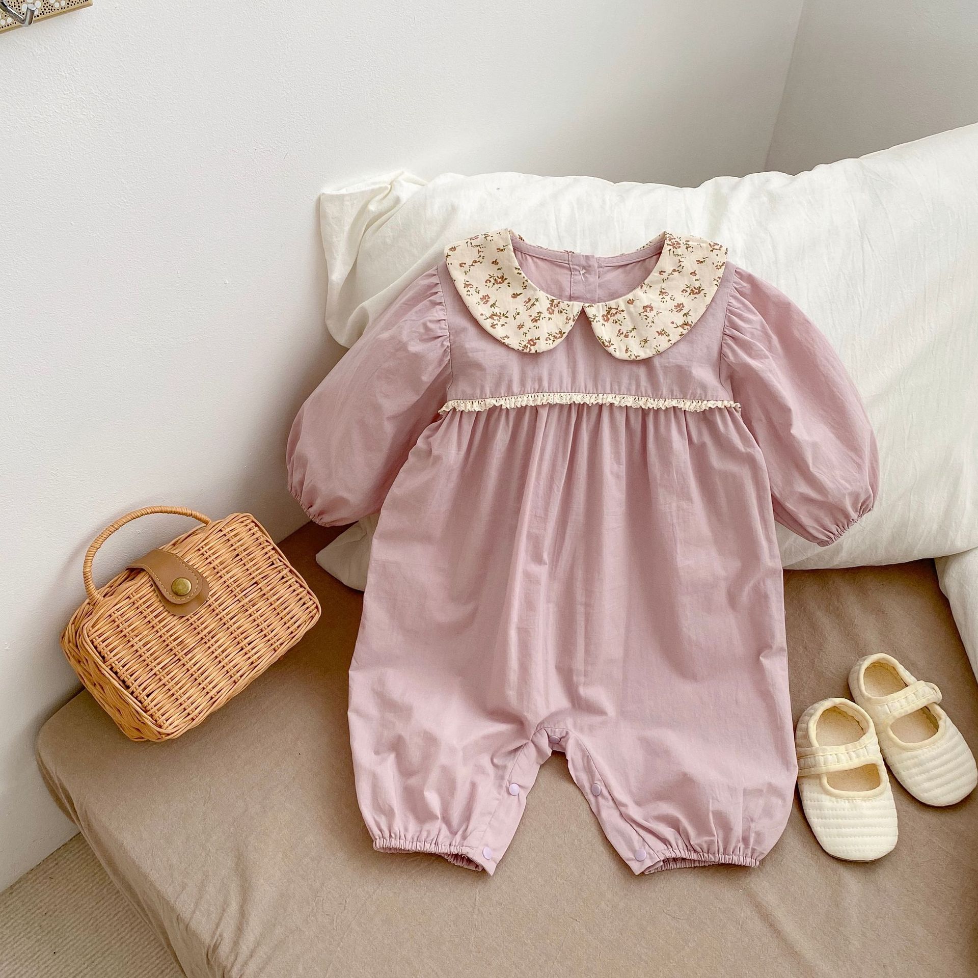 Baby Girl Spring Autumn Lightweight Floral Romper with Snap Crotch for Outings 66