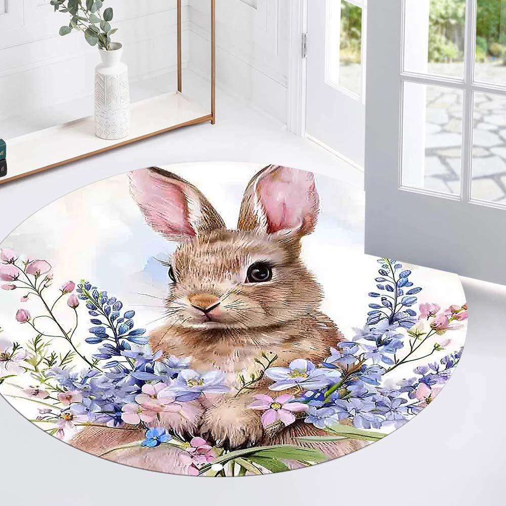 Easter Cute Rabbit Patterned Rug Round Area Rug Decoration Suitable for Living Room Bedroom Office Game Room Children Gift