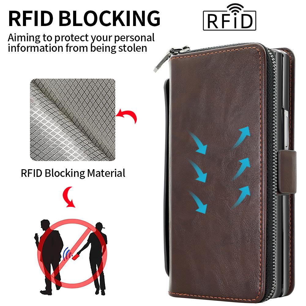 Premium Leather RFID Flip Case For Samsung Z Fold 8 Ultra 7 6 5 Zipper Wallet Card Slots With Screen Glass Protection Touch Pen