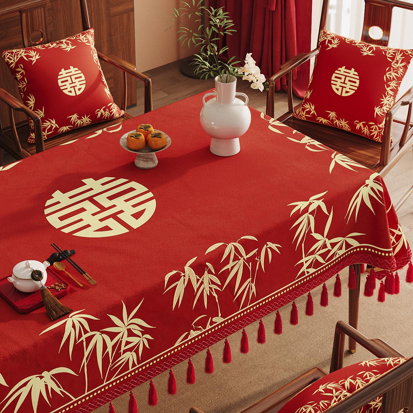 Свадебная скатерть Высококачественная Красная Праздничная Декорация свадебного зала Гостиная Декорация журнального столика Покрывная ткань Счастливая скатерть 120*120cm [including tassel size]