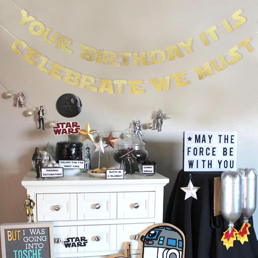 Your Birthday It Is Celebrate We Must Banner - Gold Glitter Birthday Party Decorations, Baby Banner, Baby Cake Smash Photo Props, Hanging Party