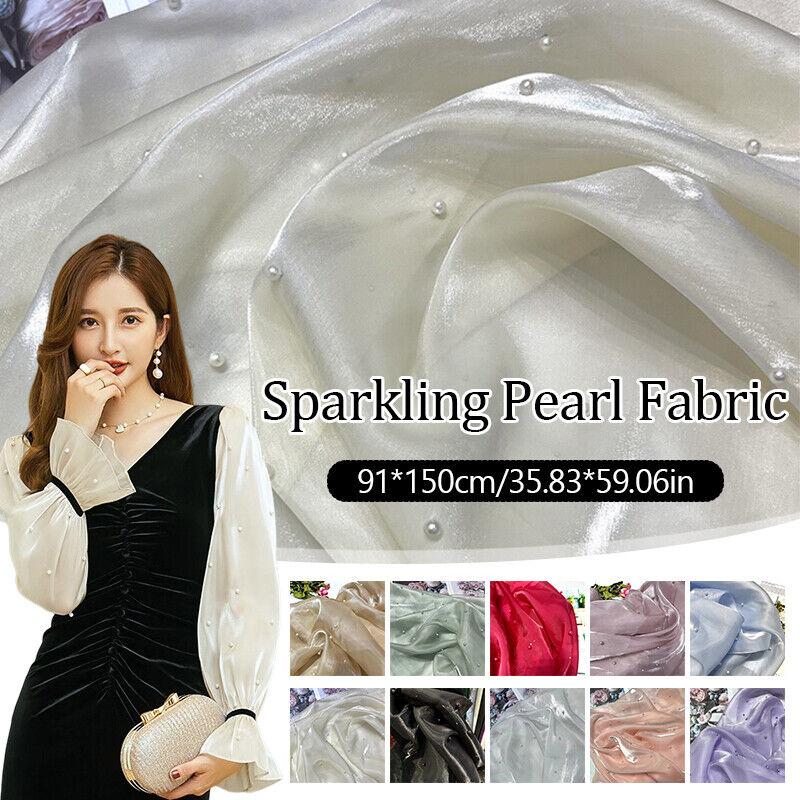 90x150cm Faux Pearl Organza Fabric for Dress Wedding DIY Sewing Bead Gauze Glossy Cloth Needlework Cloth Smooth Soft Material