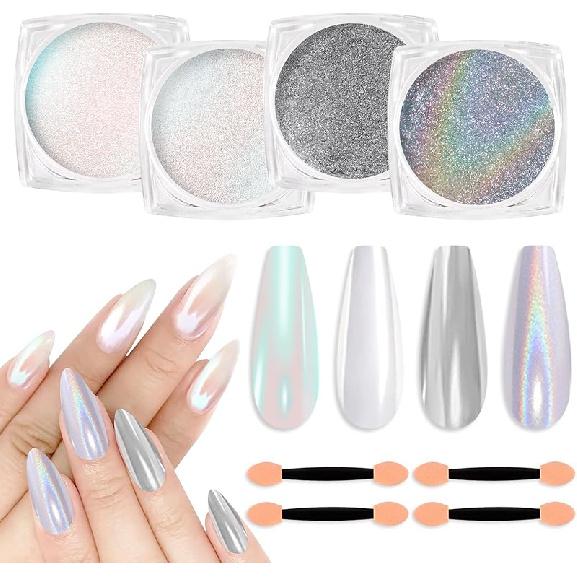 SIUSIO 6 Colors White Pearl Chrome Nail Powder Aurora Nail Powder Mirror Effect Chrome Powder Iridescent Shell Glitter Nail Art Pigment Manicure Holographic Galaxy