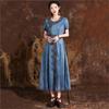 Summer Woman Chinese Style Single Breasted Cheongsam Dress Disc Buckle Vintage Embroidery Cowboy Dress