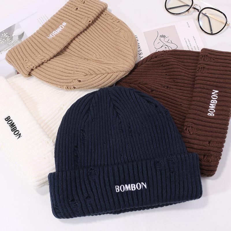High Quality American Casual Hat Men and Women Winter Ripped Wool Hat Warm Ear Protection Knit Hat Letter Cold Hat