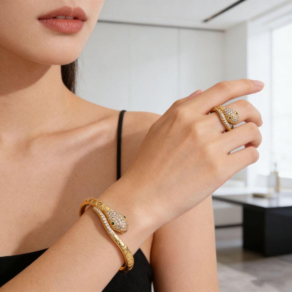 Women's Luxury Snake Bracelet: Fully Diamond-Encrusted, Adjustable Open Design, Niche Style, Copper with Real Gold Plating.