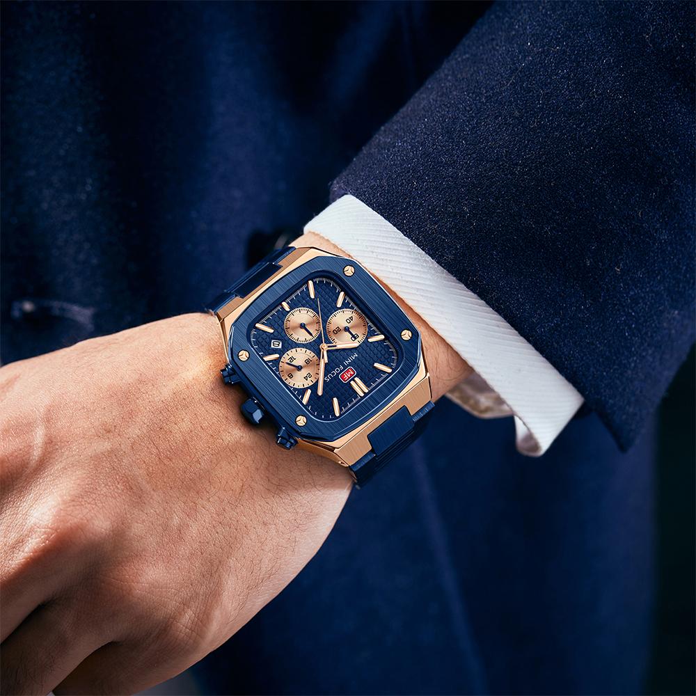 Top luxus s krabičkou MINI FOCUS Hodinky Čtvercové pánské hodinky Vodotěsné námořní hodinky Multifunkční pánské Quartz hodinky s ocelovým páskem