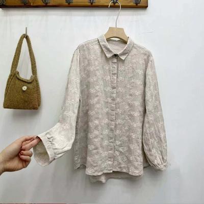 1116 Autumn New Women's Lapel Collar Japanese Shirt Loose Shirt Top Linen Literary Style Ins Embroidery Long Sleeve