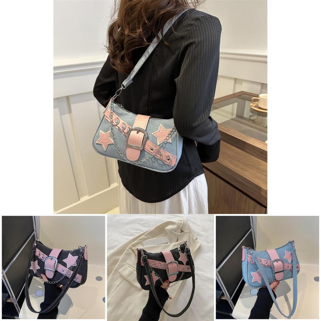 2024 Women's Spring Korean Style Armpit Bag Street Chic Denim Shoulder Bag Casual Small Square Bag Trendy Chain Bag Black