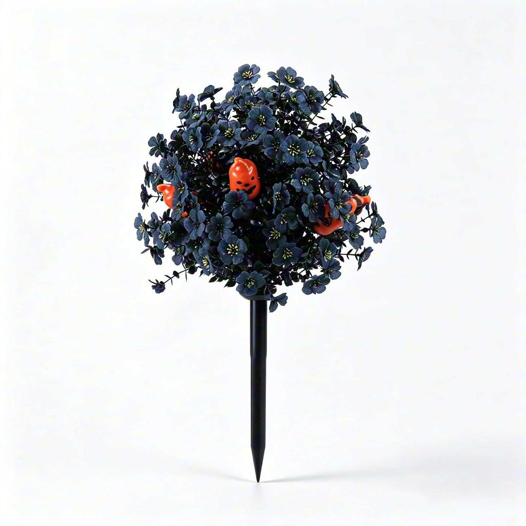2 Pack Halloween Artificial Pumpkin Ground Stakes with Blue Flowers for Outdoor Yard Decor