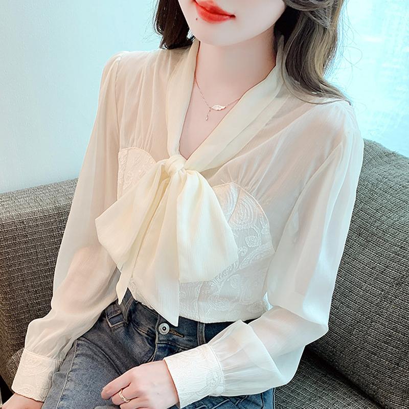 

Мода 2024 Осень Длинный рукав Воротник-бант Офис Повседневный Абрикосовый шифон Блузка Рубашка Женские Топы Блузки Рубашки J479 S абрикосовый