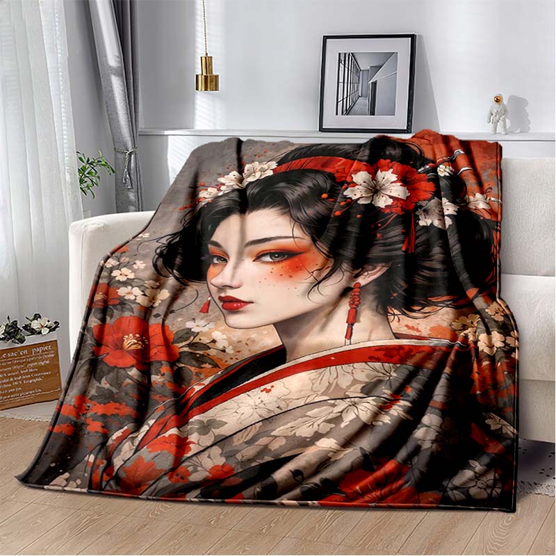 Traditional Japanese Geisha Floral Print Flannel Blanket, Red Kimono & Umbrella Throw Blanket