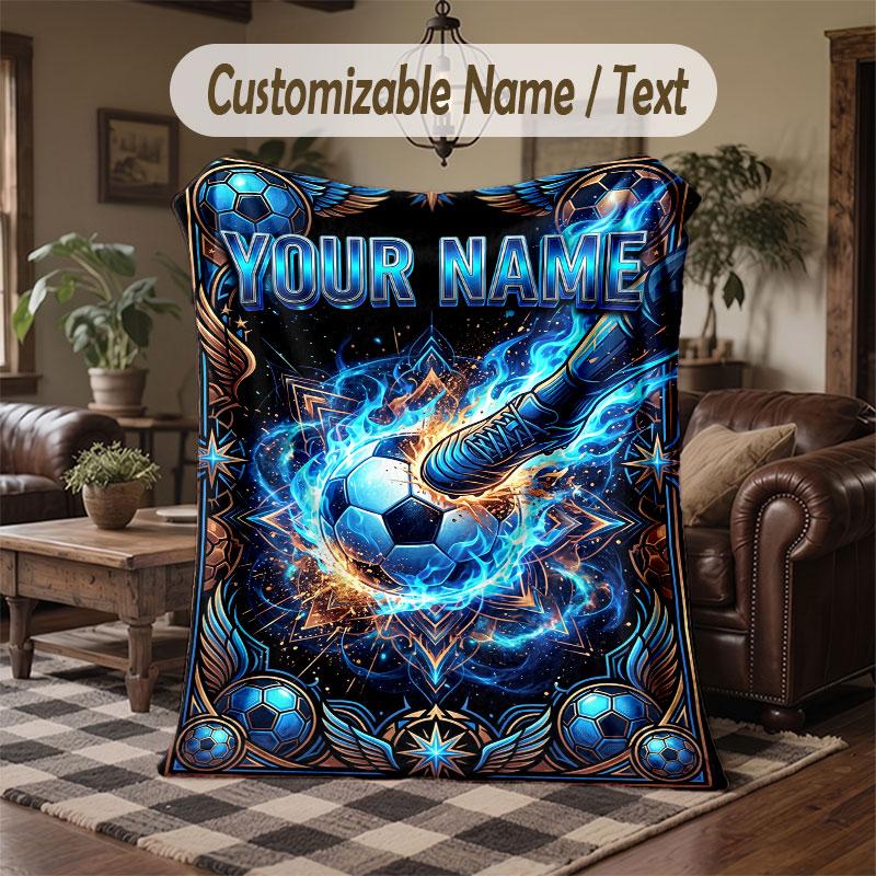 Soccer Theme Throw Blanket Custom Name Text Personalized Blanket Soft Cozy Blanket for Home Sofa Bed