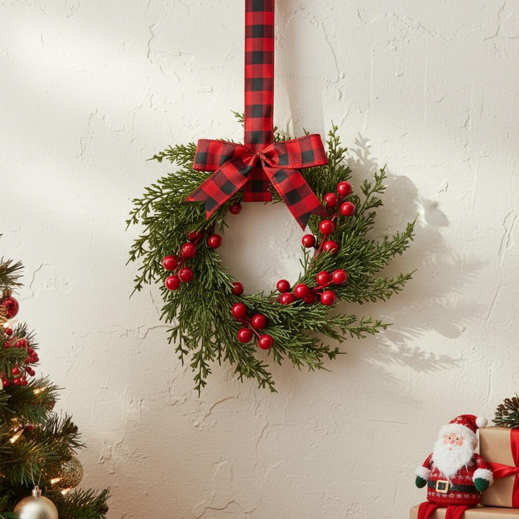 10 Inch Mini Christmas Wreaths Kitchen Cabinet Small Xmas Wreath with Bow Ribbon for Window Door Chair Fireplace Hanging Decor