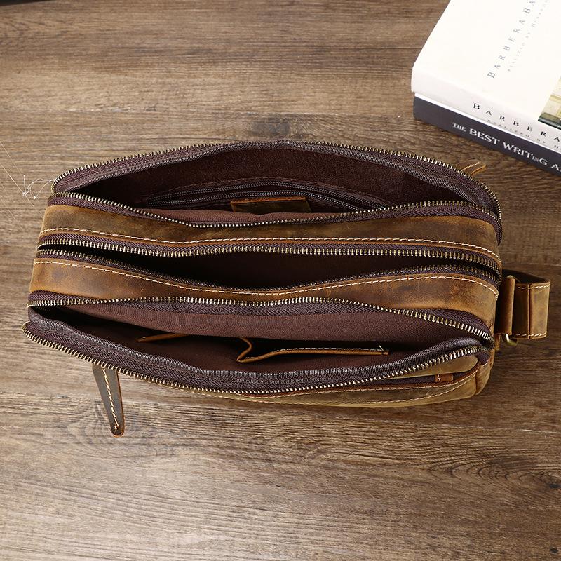 Crazy Horse Leather Men's Genuine Leather Crossbody Bag Retro Top Layer Cowhide Shoulder Bag Zipper Multi-layer Casual Trendy Men's Bag