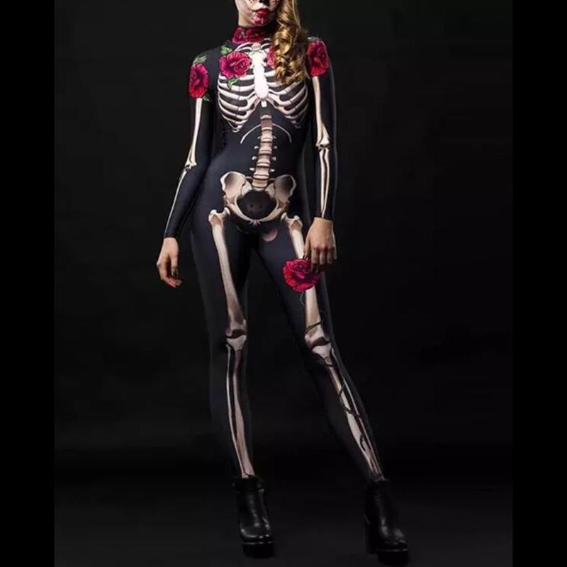 Women Halloween Party Costume Turtleneck Skull Print Long Sleeve Jumpsuit Outfit Scary Skeleton Bodysuit for Adults