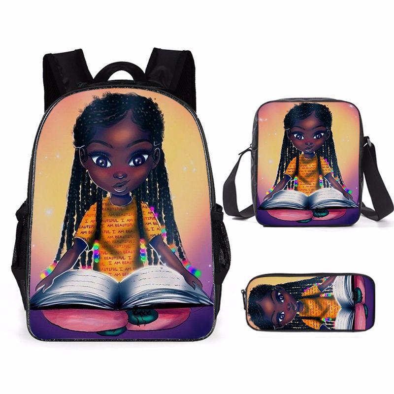 Cartoon African Girl Africangirl School Bag School Student Backpack Backpack Satchel Pencil Case Three-piece set (backpack + satchel + pencil case)