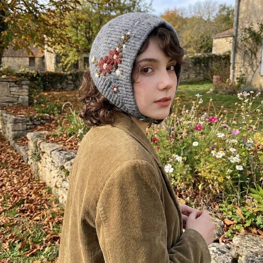 Retro Round Top Cap Floral Crochet Flower Turban Cute Earmuffs  Scarf Accessories