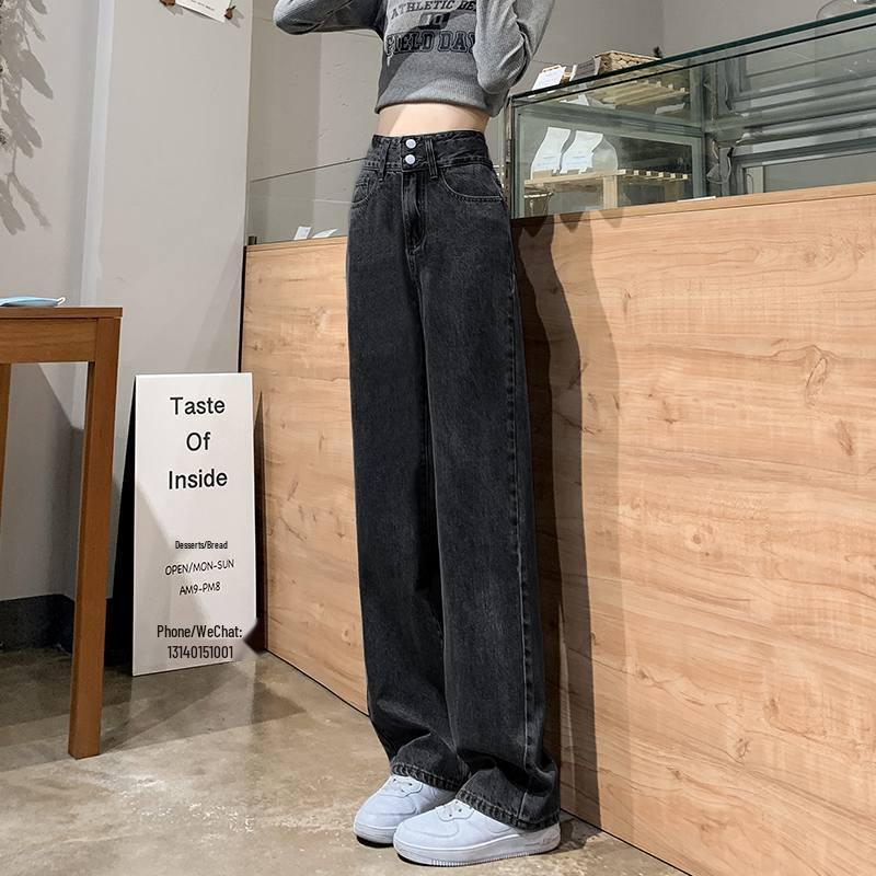 2024 Women's Black & Gray High-Waisted Wide-Leg Petite Jeans: Spring-Autumn Versatile Loose Straight-Leg Pants