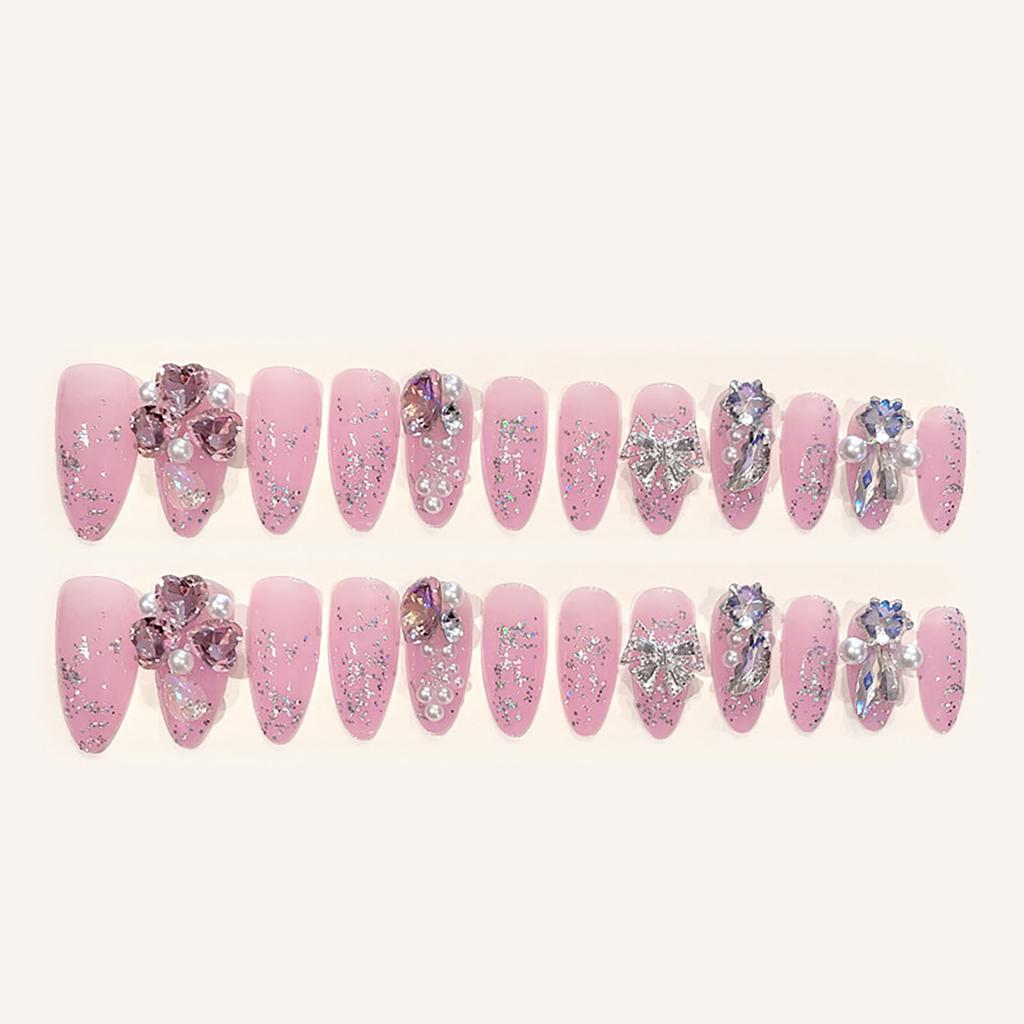 Pink Pointed Head False Nail with Rhinestone Chip-Proof Smudge-Proof Fake Nails for Daily and Parties Wearing