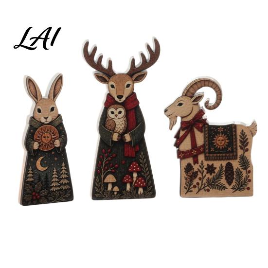 Rustic Christmas Table Decor Wooden Tabletop Decor Reindeer Animal Figurines Farmhouse Style Holiday Window Display Ornaments Tiered Tray Ornaments,