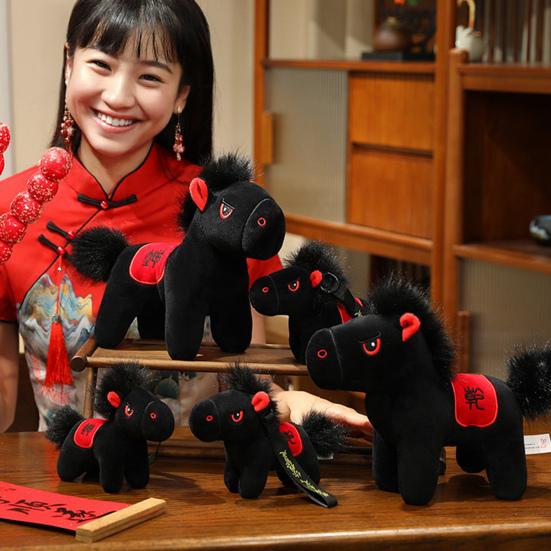 Black Horse Plush Toy Zodiac Year of The Horse Mascot Lucky Ornament Soft Stuffed Animal Doll Home Decor Car Decoration