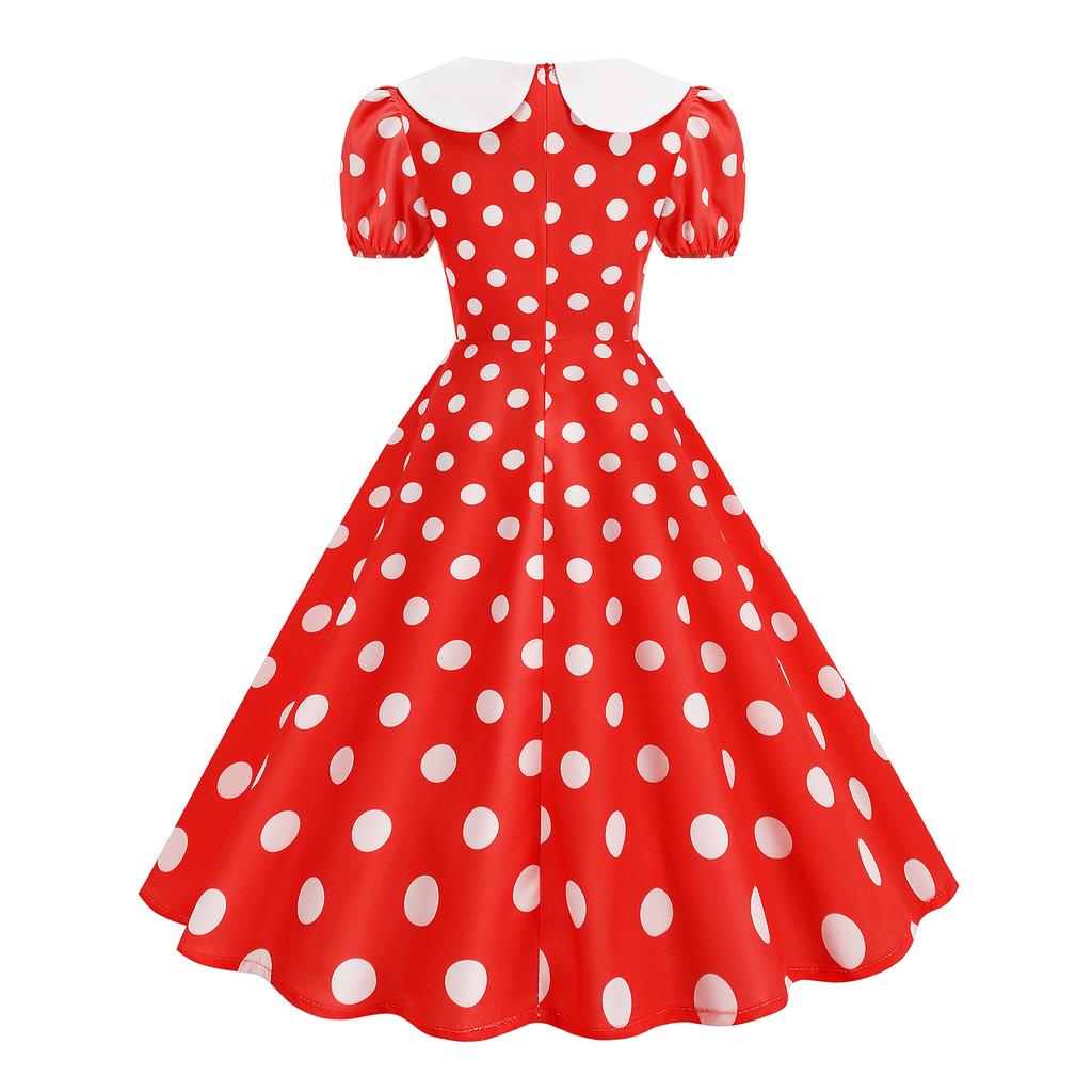 Women's Casual Polka Dot Dress with Collar and Puff Sleeves Slim Fit
