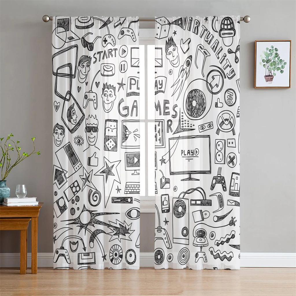 Switch Game Console White Gamepad Voile Curtain For Bedroom Tulle Window Curtain For Living Room Sheer Curtains Blinds Drapes2Pc