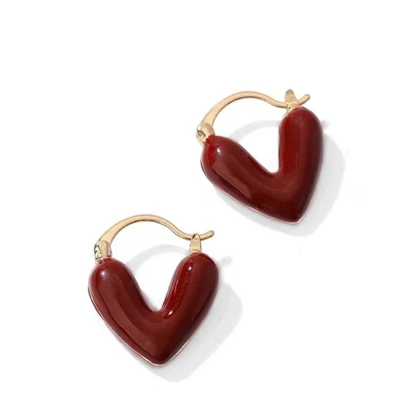 French Romantic Wine Red Enamel Heart shaped Pendant Earrings 2023 Fashion Zircon For Women's Design Sense Eardrop Accessories