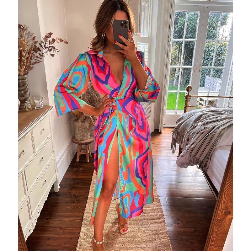 Spring and Autumn Women's Dress Fashion Printed Lantern Sleeve Tie Slit Lapel Dress Explosion Color Collision Medium Long Dresses
