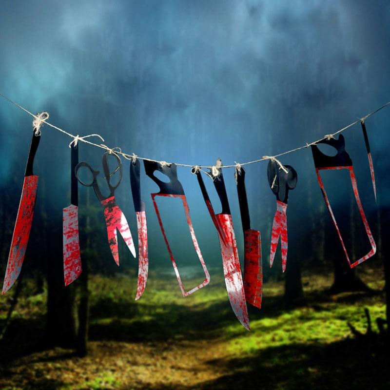 12ks/sada Halloweenské plastové krvavé nože sady nástrojů hororové strašidelné strašidelný dům závěsná nožová girlanda banner Halloweenská dekorace