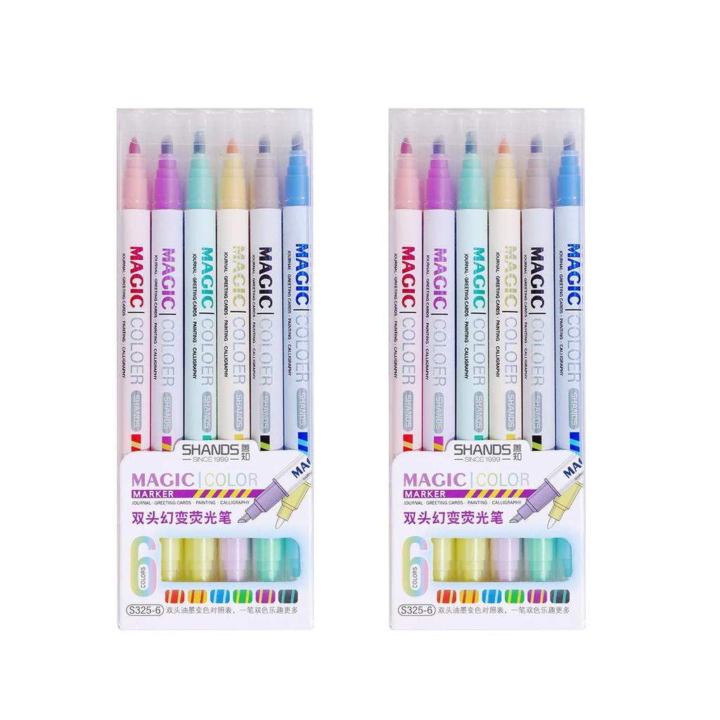 6/12 PCS Double Headed Color Changing Pen Marking Fluorescent Marker Hand Ledger Pen Set for Students School Supplies Stationery