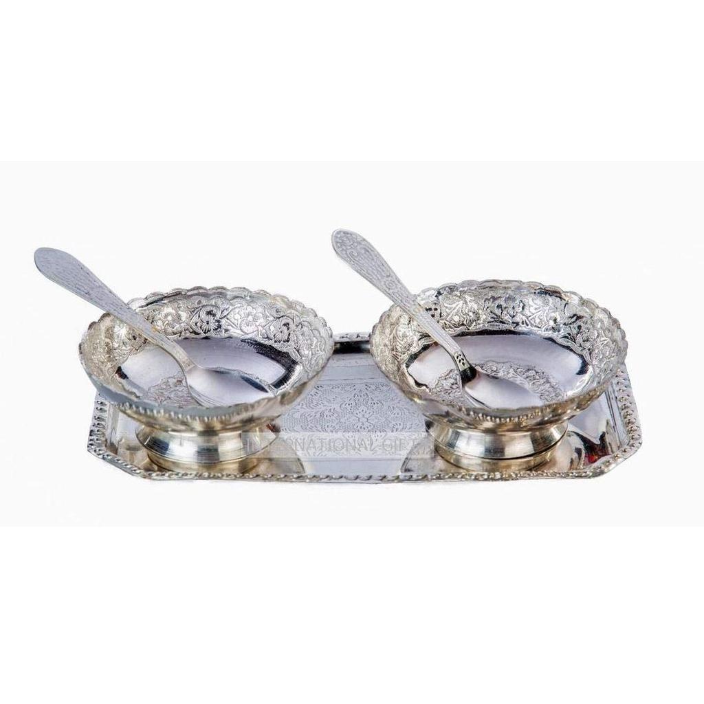 German Silver Brass Round Bowl Sets with Tray and Spoon with Royal Royal Luxury Velvet Box