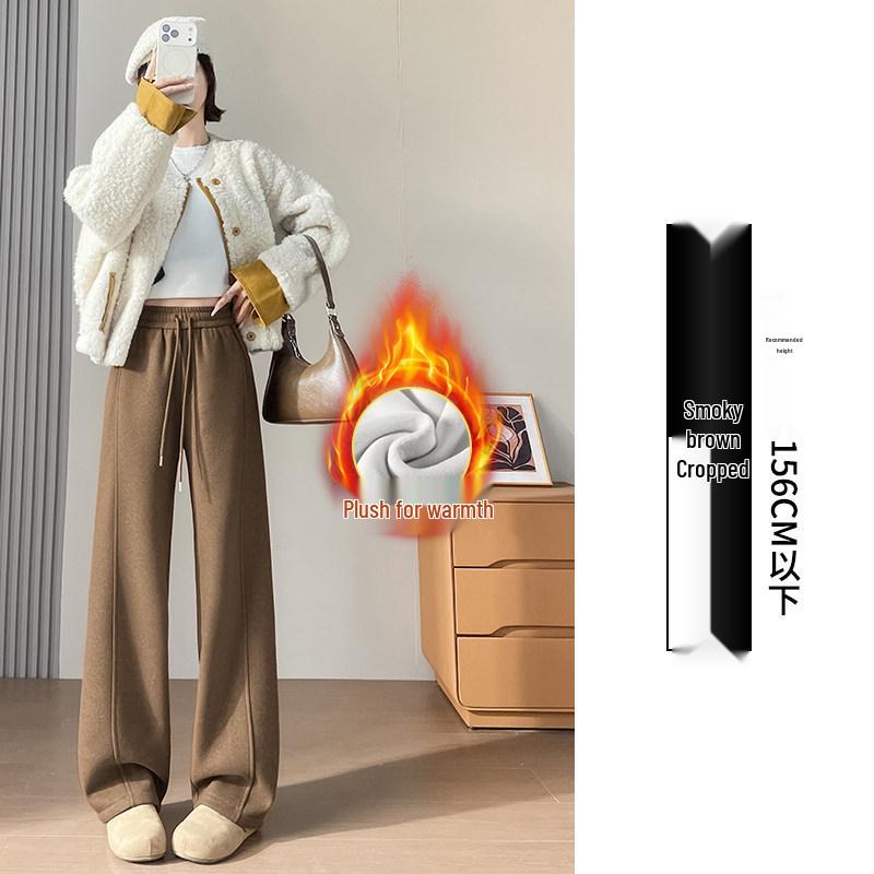 Women's High-Waisted Woolen Wide-Leg Pants - Plus Velvet Thickened, Loose, Casual, Autumn/Winter, Slimming, Straight-Leg Sweatpants