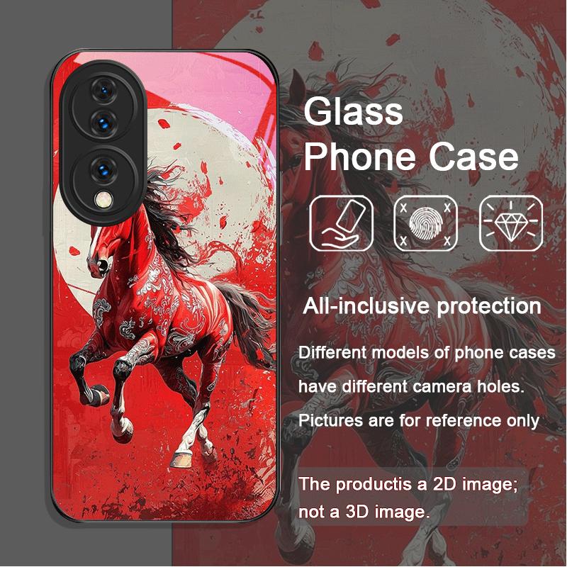 

Stylish Chinese-Style Red Horse Print Tempered Glass Phone Case for Huawei Honor 400 200 Lite 100 Pro 90 SE Magic 7 6 5Pro Cover Honor 60