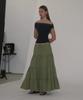 Partimento Woman Bow Strap Shirred Tiered Maxi Skirt_Khaki Green