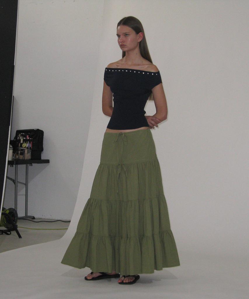 Partimento Woman Bow Strap Shirred Tiered Maxi Skirt_Khaki Green