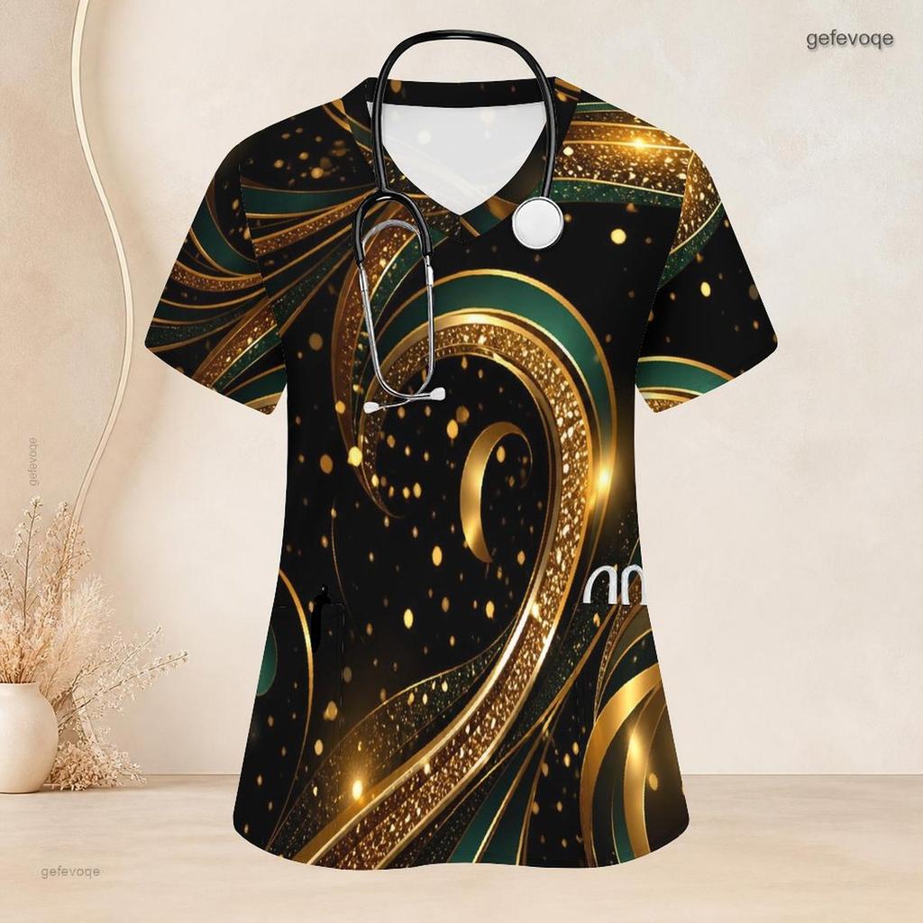 Women Plus Size White Floral Printed Nurse Scrub Top V Neck Short Sleeve With Front Pockets