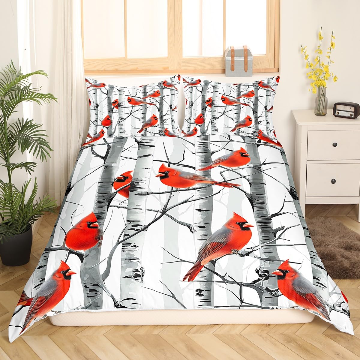 

Red Cardinal Duvet Cover Set for Kids Teens Queen King Lightweight Quilt Cover Animal Pattern Bedding Set Bedroom Decor No Quilt (135x200cm)