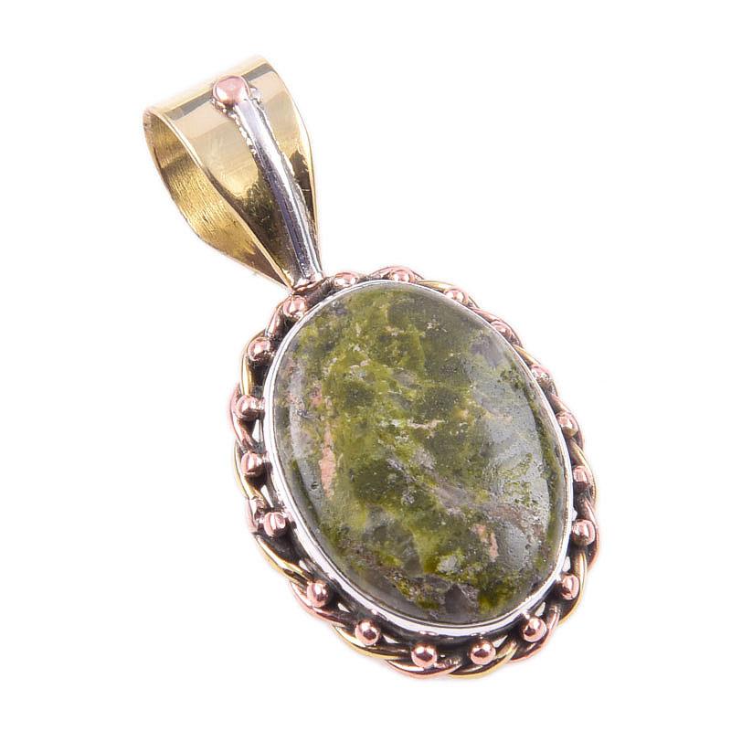 Natural Unakite Gemstone 925 Solid Sterling Silver Two Tone Pendant 1.25'' K7S87