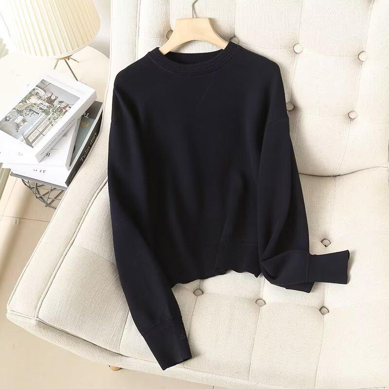 

Весна 2025 Женский минималистичный однотонный трикотажный пуловер с длинным рукавом Medium темно-синий